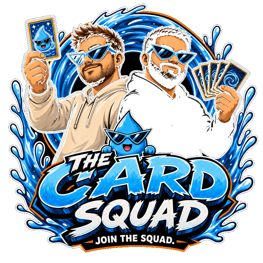 The Card Squad logo — two cousins and a water-drop mascot holding Pokémon cards